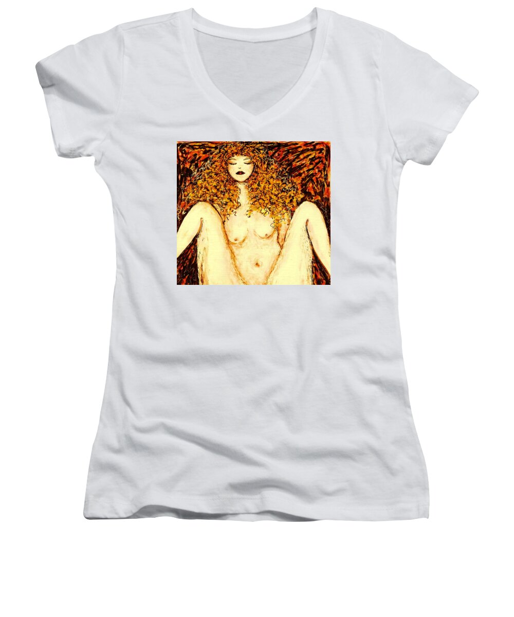 Femme Nue Women's V-Neck featuring the painting Afternoon Nap by Natalie Holland