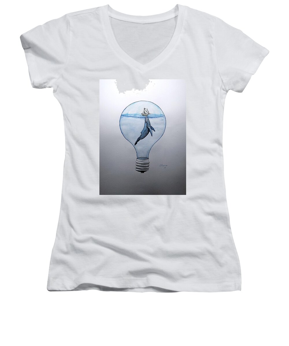 Blue Women's V-Neck featuring the painting Against Clockwise by Edwin Alverio