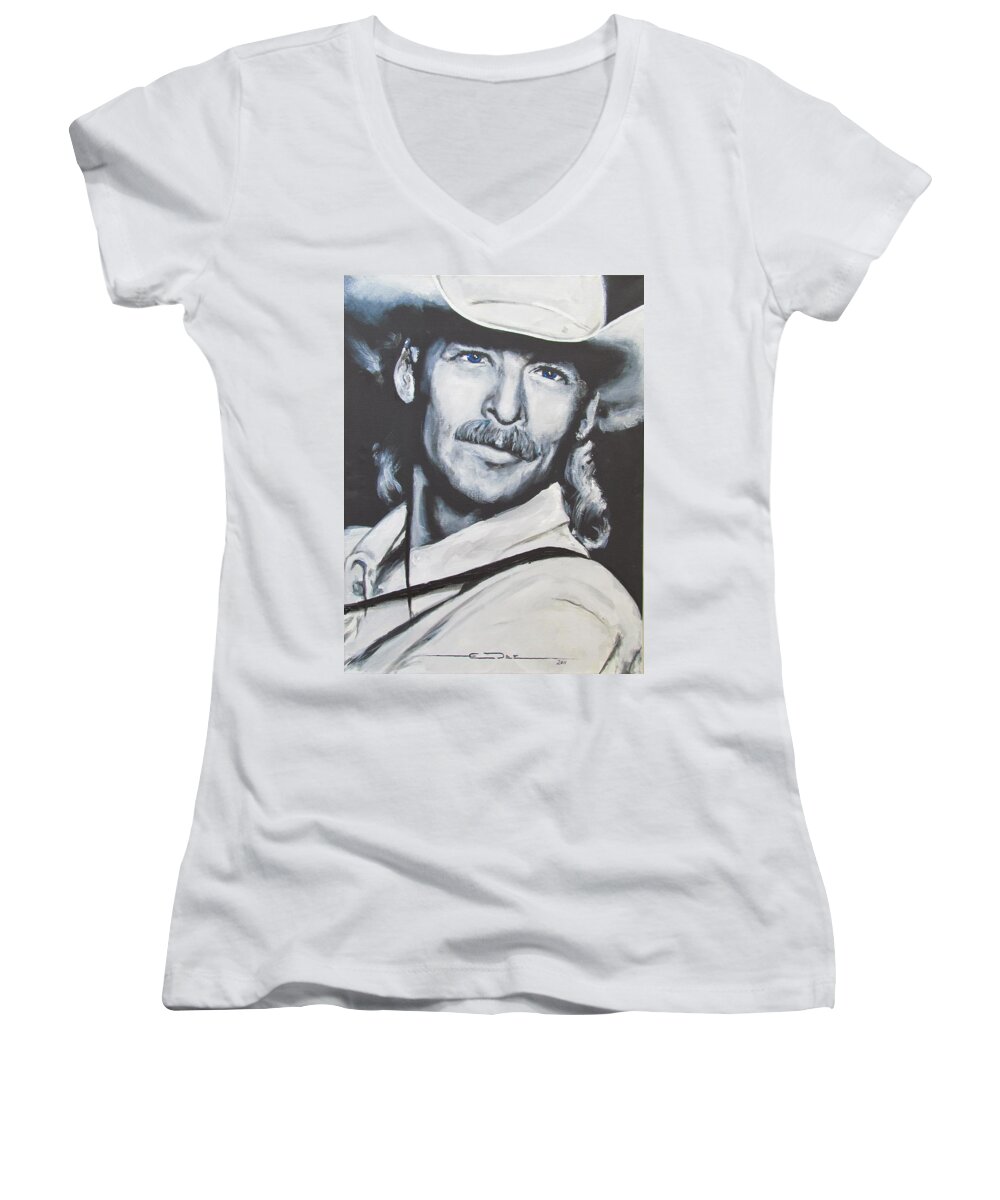 Alan Jackson Women's V-Neck featuring the painting Alan Jackson - In the Real World by Eric Dee
