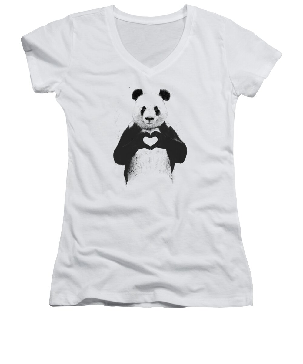 Panda Women's V-Neck featuring the painting All you need is love by Balazs Solti