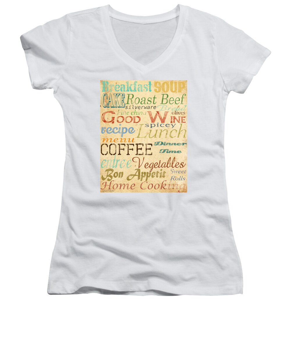 Jean Plout Women's V-Neck featuring the painting Alphabet Soup-A by Jean Plout