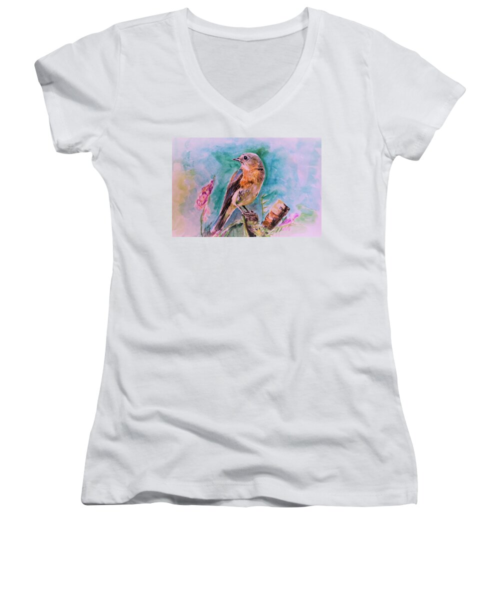 Bird Women's V-Neck featuring the painting American blue bird by Khalid Saeed