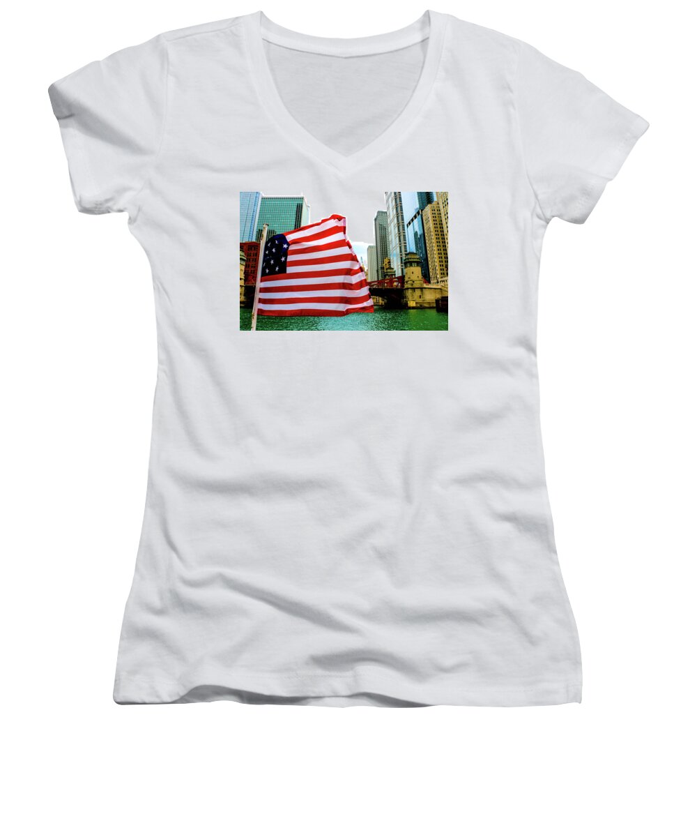 Chicago Women's V-Neck featuring the photograph American Chi by D Justin Johns