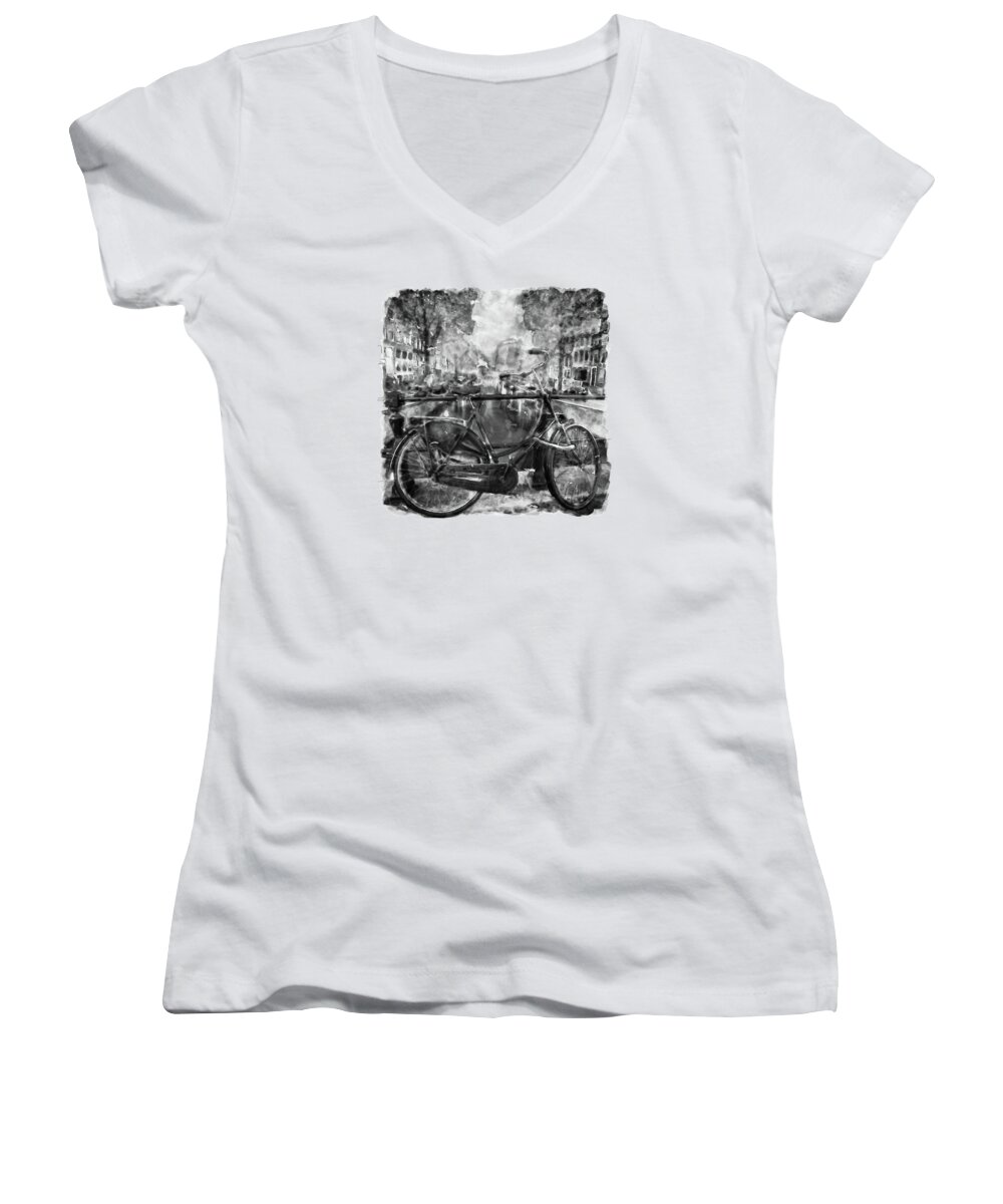 Marian Voicu Women's V-Neck featuring the painting Amsterdam Bicycle Black and White by Marian Voicu