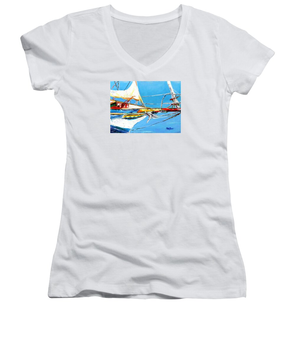 Boats Women's V-Neck featuring the painting Anchored 2 by Marti Green