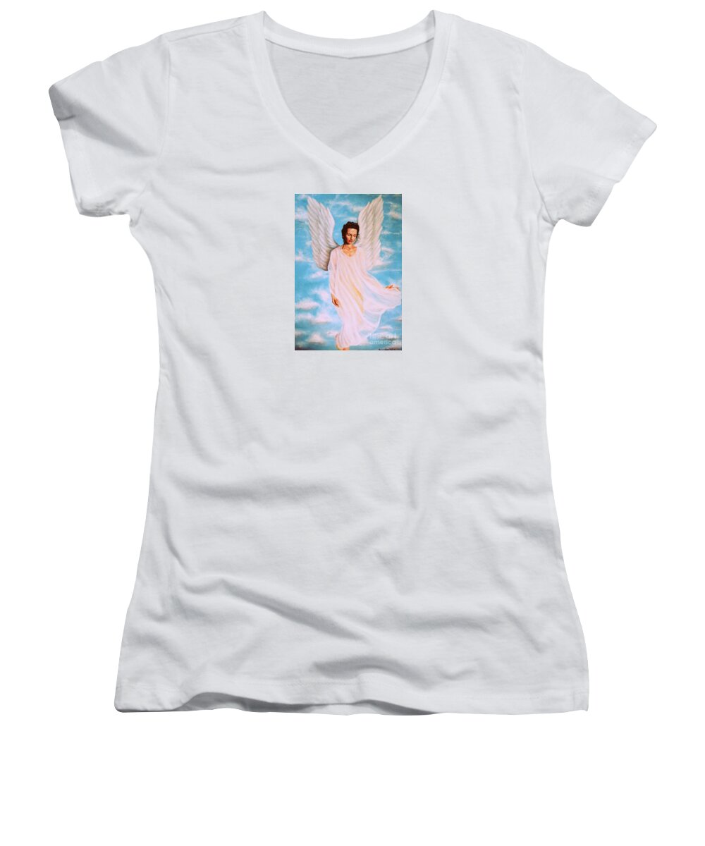 Angel Women's V-Neck featuring the painting Angel by Georgia Doyle
