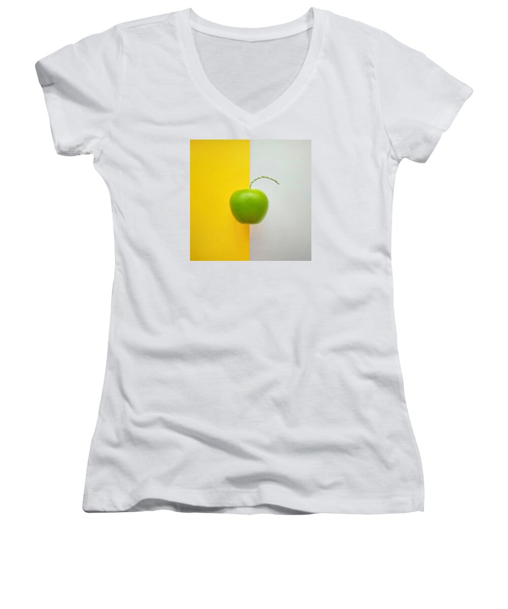 Apple Women's V-Neck featuring the photograph Green Apple by Ann Foo