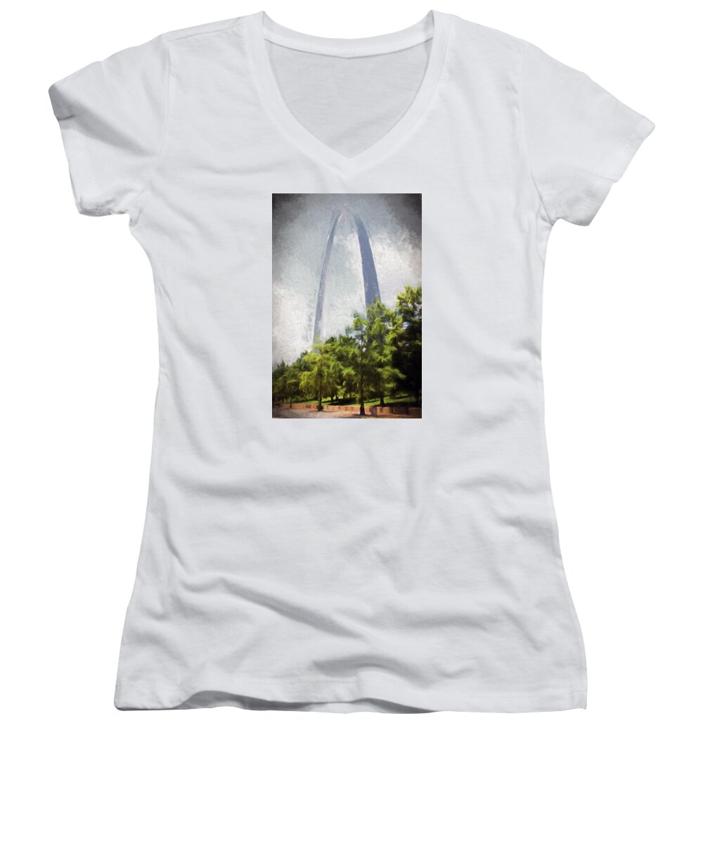The Arch Women's V-Neck featuring the photograph Arch and Clouds by John Freidenberg