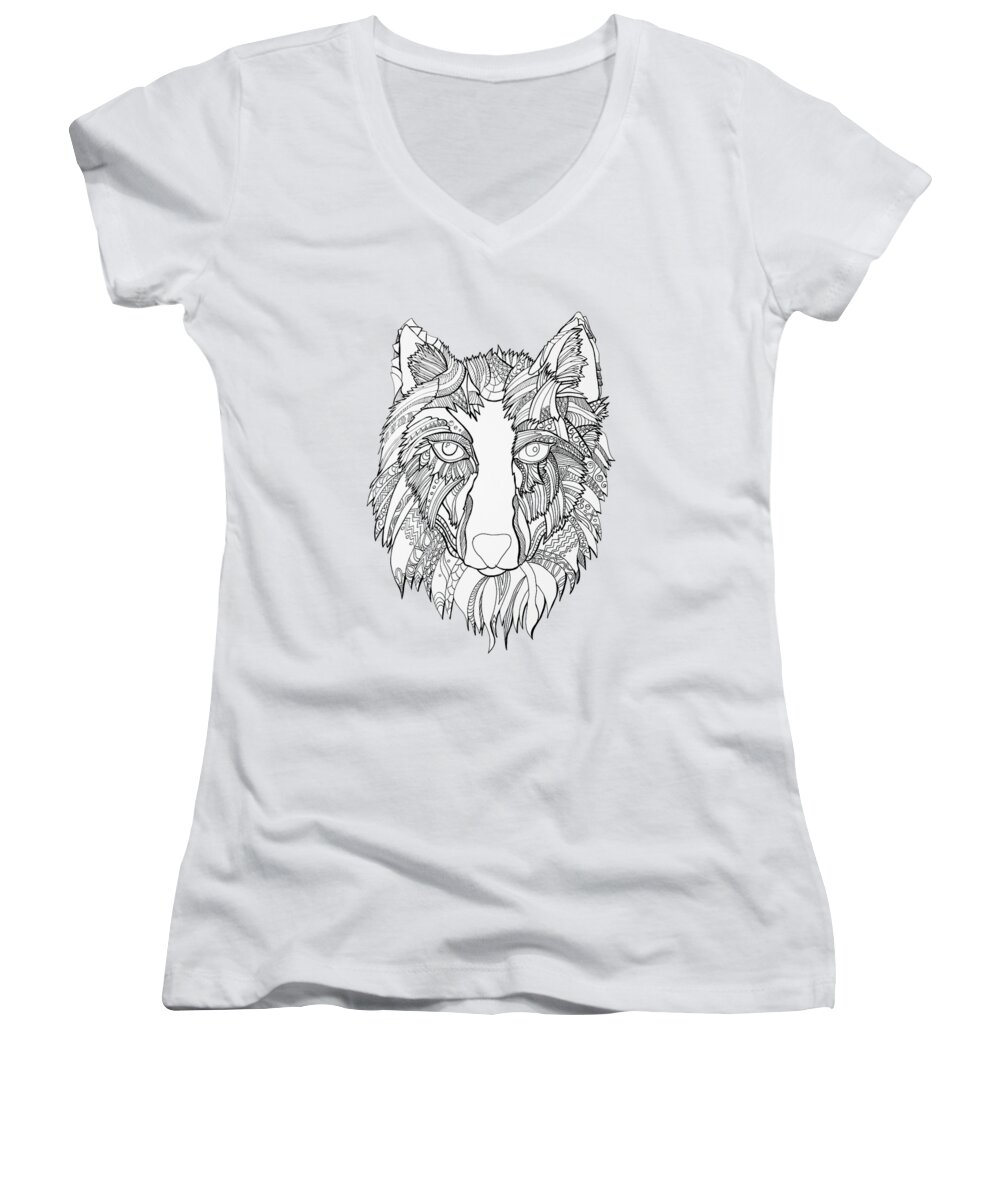 Wolf Animal Courageous Pattern Doodle Design Love Beautiful Nature Art Artist Drawing Women's V-Neck featuring the photograph Arnou the Wolf by Chikkas By Fran Galea
