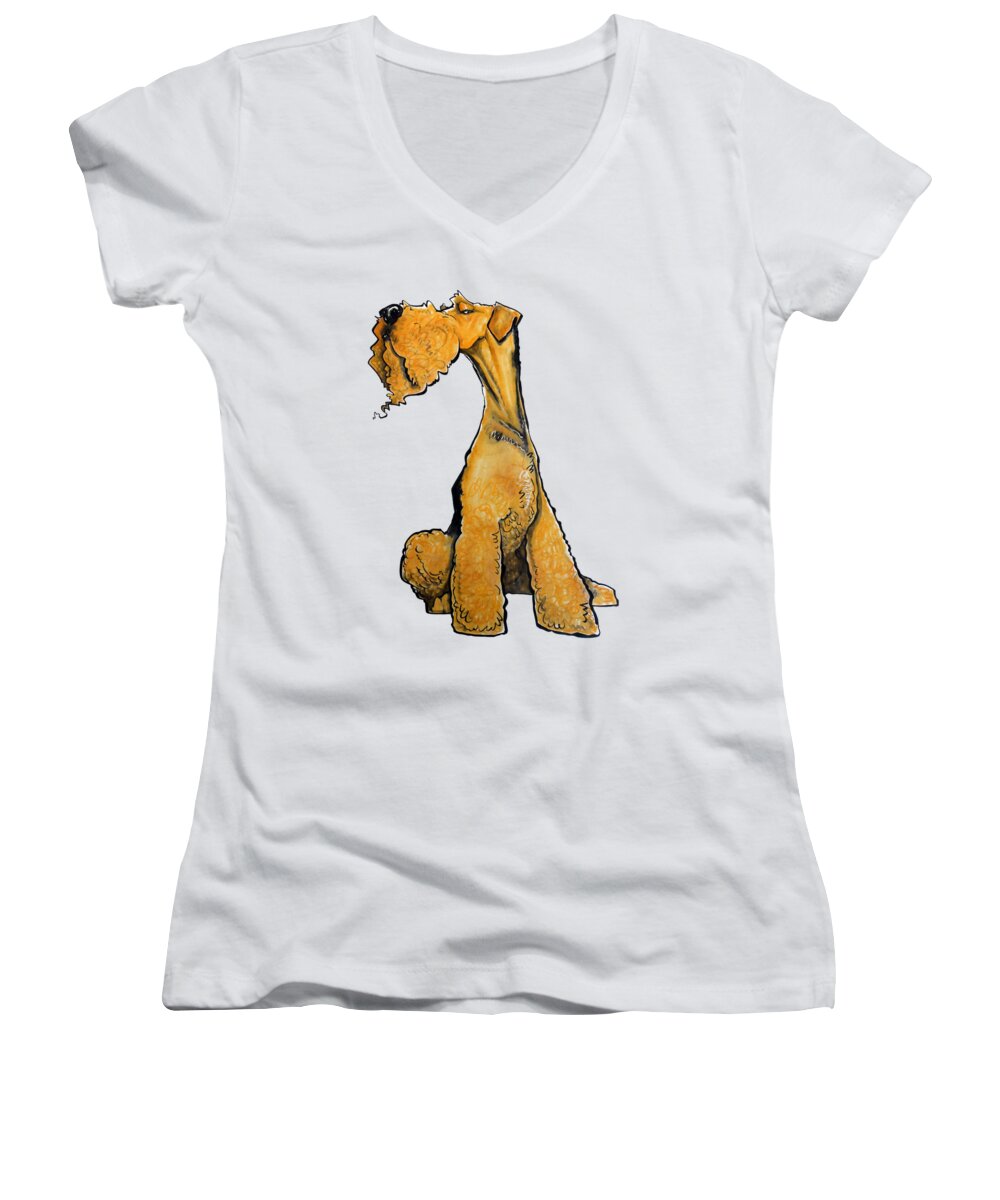Airedale Women's V-Neck featuring the drawing Arrogant Airedale by John LaFree