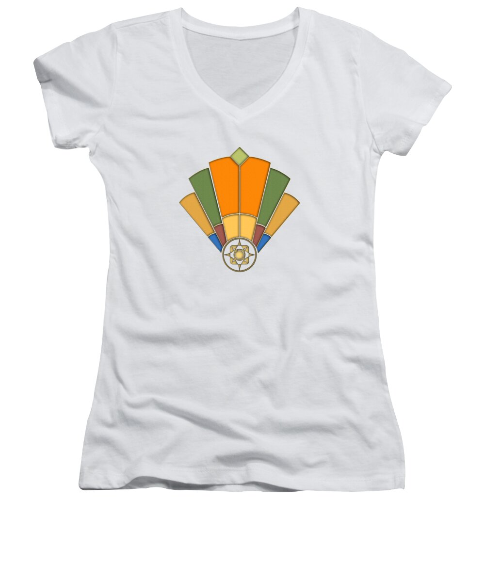 Staley Women's V-Neck featuring the digital art Art Deco Fan 8 Transparent by Chuck Staley