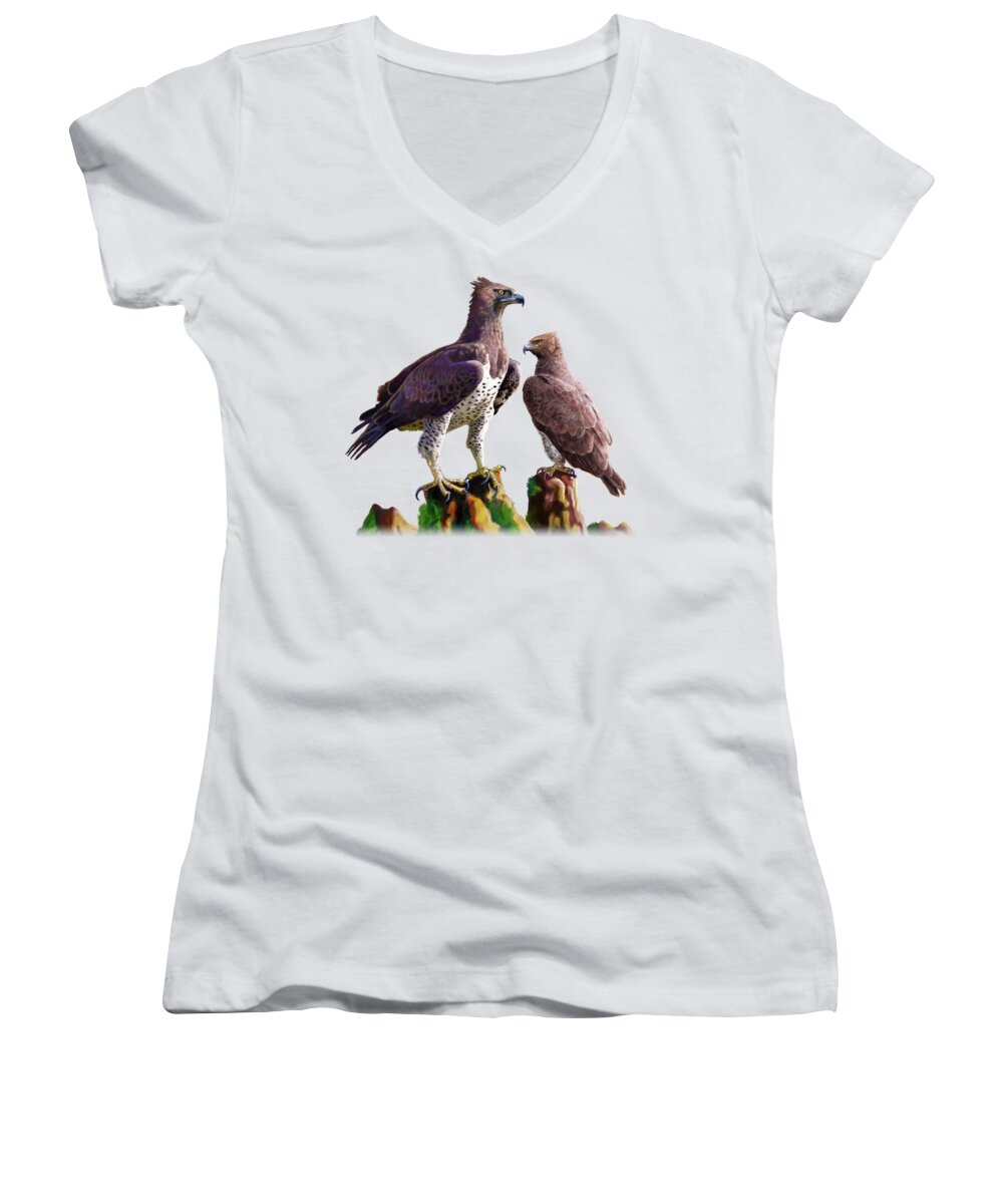 Martial Women's V-Neck featuring the painting Martial Eagles by Anthony Mwangi