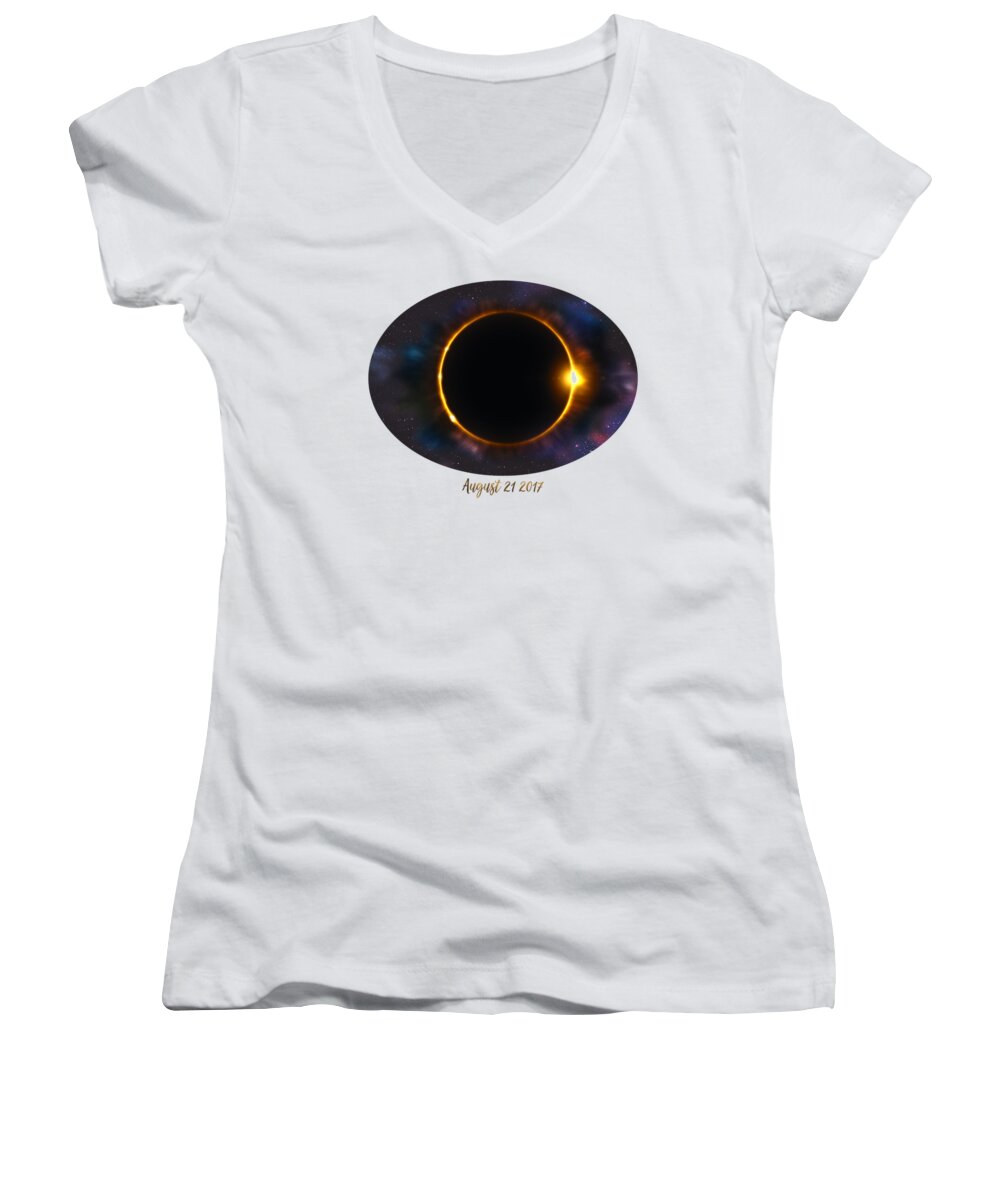 Eclipse Women's V-Neck featuring the digital art Total Solar Eclipse In Space by Georgeta Blanaru