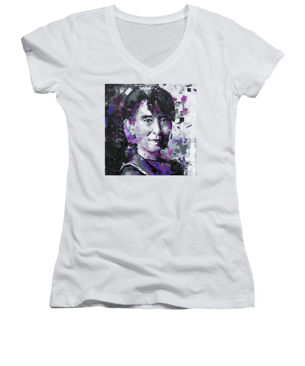 Aung San Suu Kyi Women's V-Neck featuring the painting Aung San Suu Kyi by Richard Day