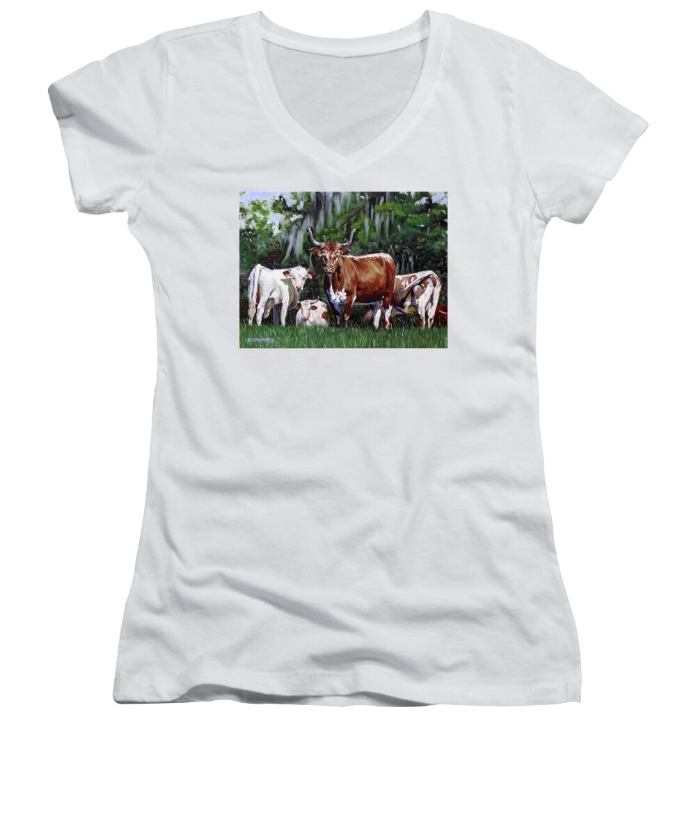 Cows Women's V-Neck featuring the painting Back Off by Rick McKinney