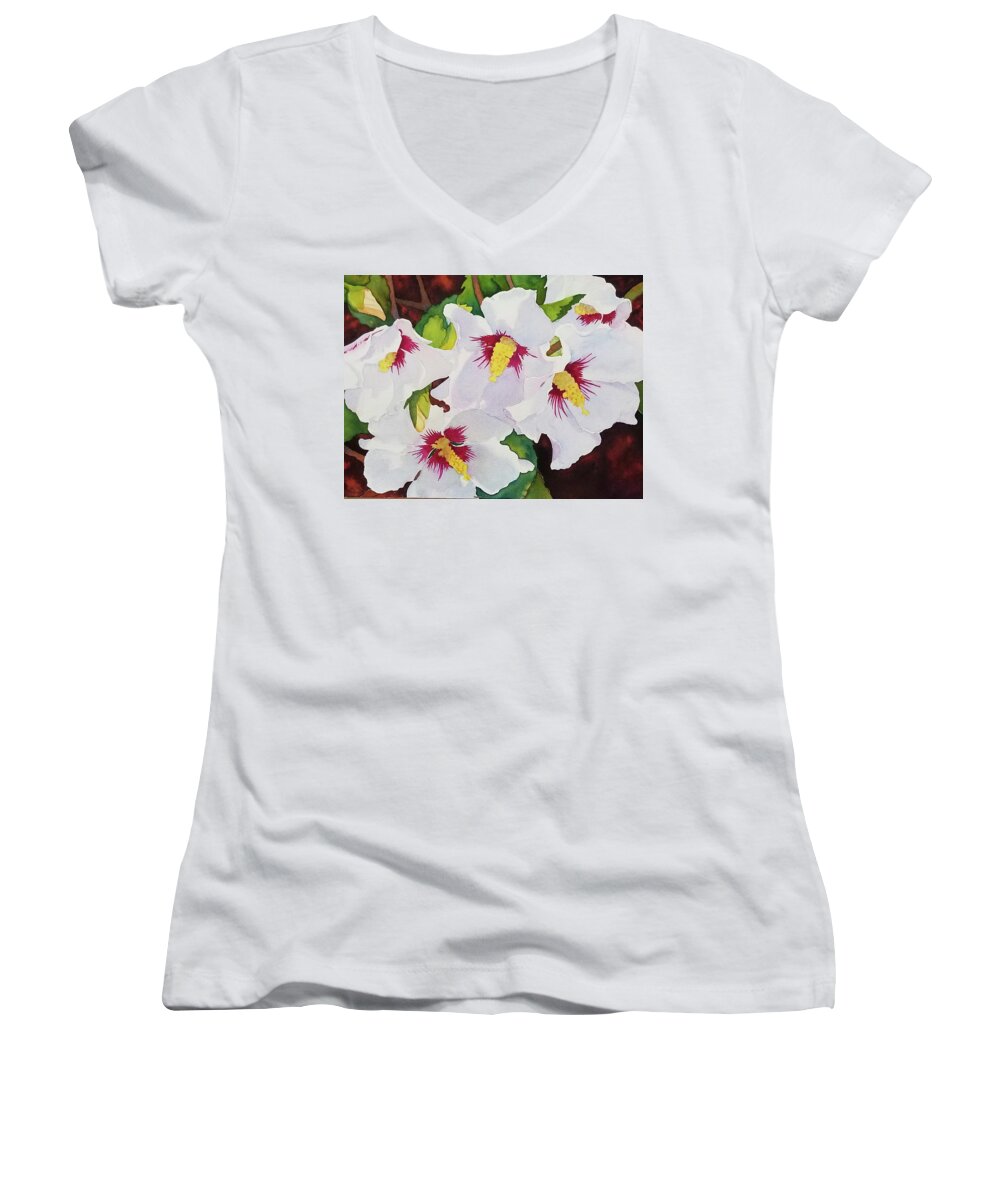 White Flowers Women's V-Neck featuring the painting Backyard Blooms by Judy Mercer