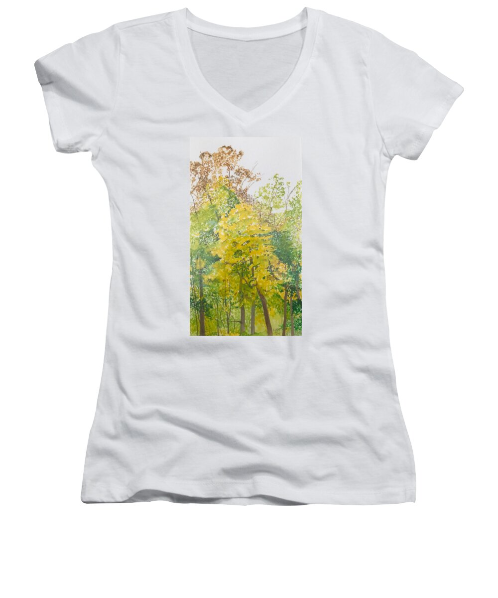 Autumn Women's V-Neck featuring the painting Backyard by Leah Tomaino