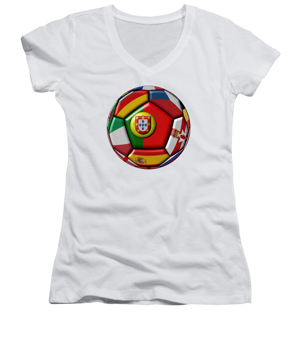 Europe Women's V-Neck featuring the digital art Ball with flag of Portugal in the center by Michal Boubin