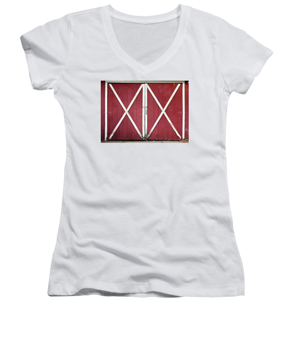 Barn Women's V-Neck featuring the photograph Red Barn Doors by Sheila Brown
