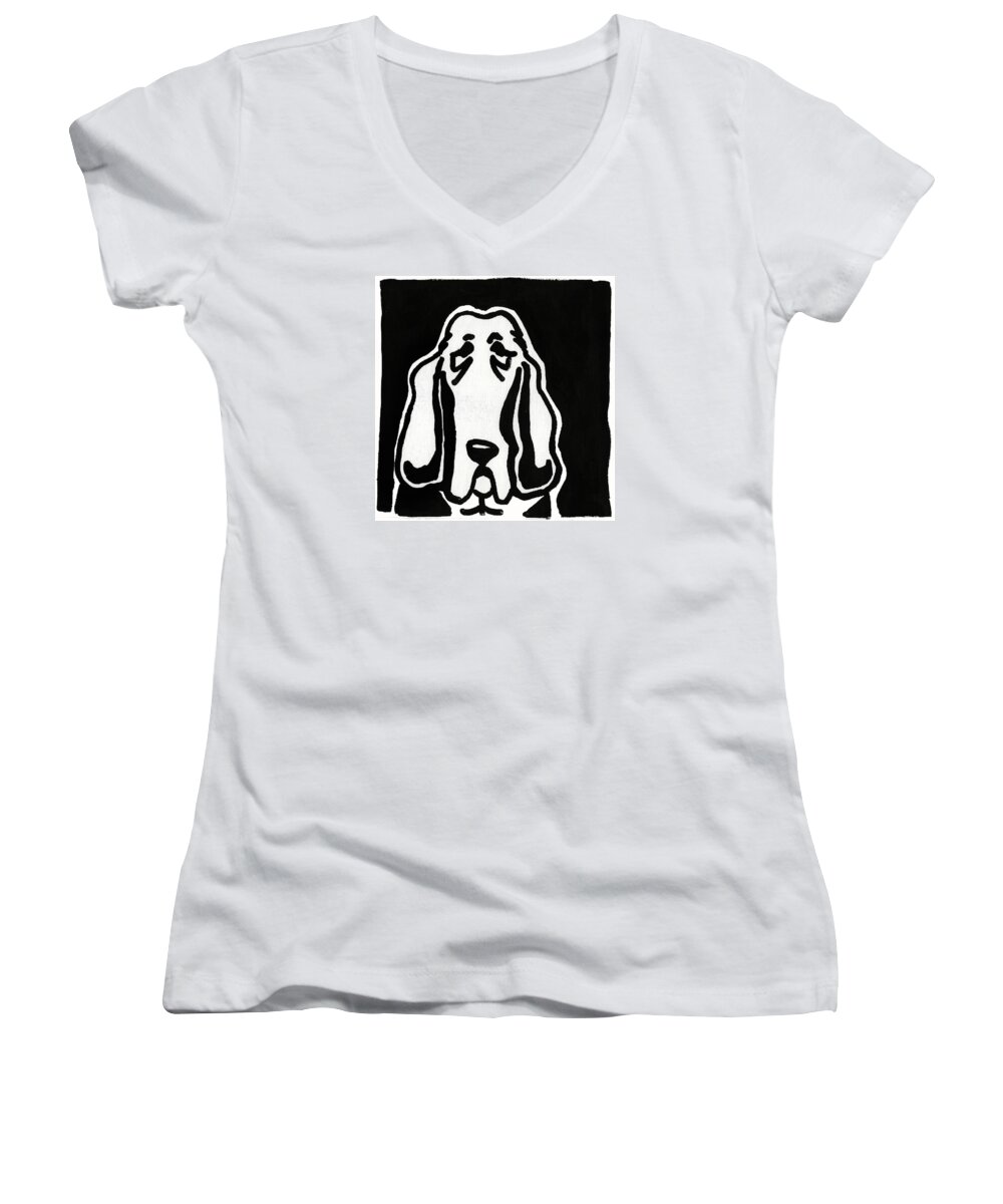 Basset Hound Women's V-Neck featuring the drawing Basset Hound Ink Sketch by Leanne WILKES