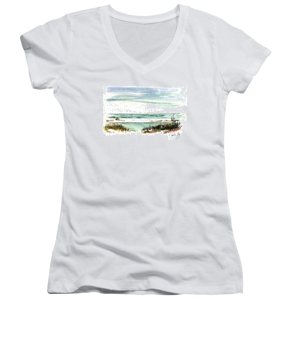 Gulf Of Mexico Women's V-Neck featuring the painting Battery Payne Fort Pickens Florida by Paul Gaj