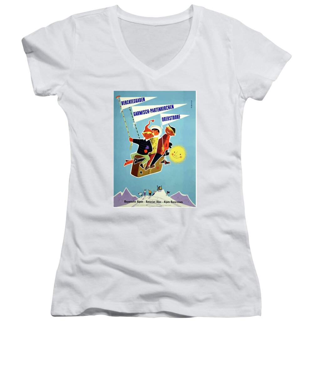Bavaria Women's V-Neck featuring the painting Bavaria, Alps, Germany, kids are riding suitcase above mountains by Long Shot