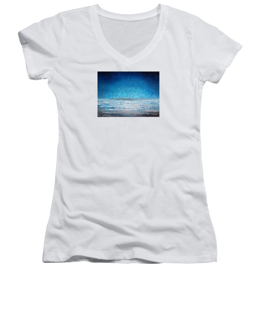 Blue Women's V-Neck featuring the painting Beach Blue by Preethi Mathialagan