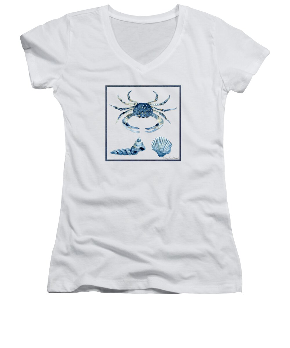 Sea Women's V-Neck featuring the painting Beach House Sea Life Crab Turban Shell n Scallop by Audrey Jeanne Roberts