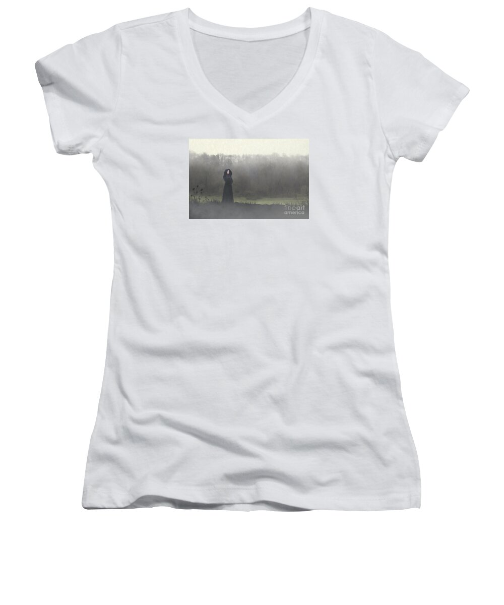 Woman Women's V-Neck featuring the photograph Beauty in the fog by Clayton Bastiani