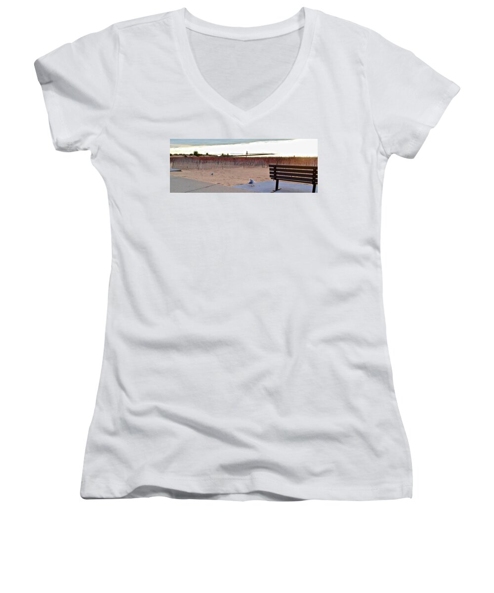 Photography Photo Women's V-Neck featuring the photograph Bench, Birds, Beach and Lighthouse by Kenlynn Schroeder