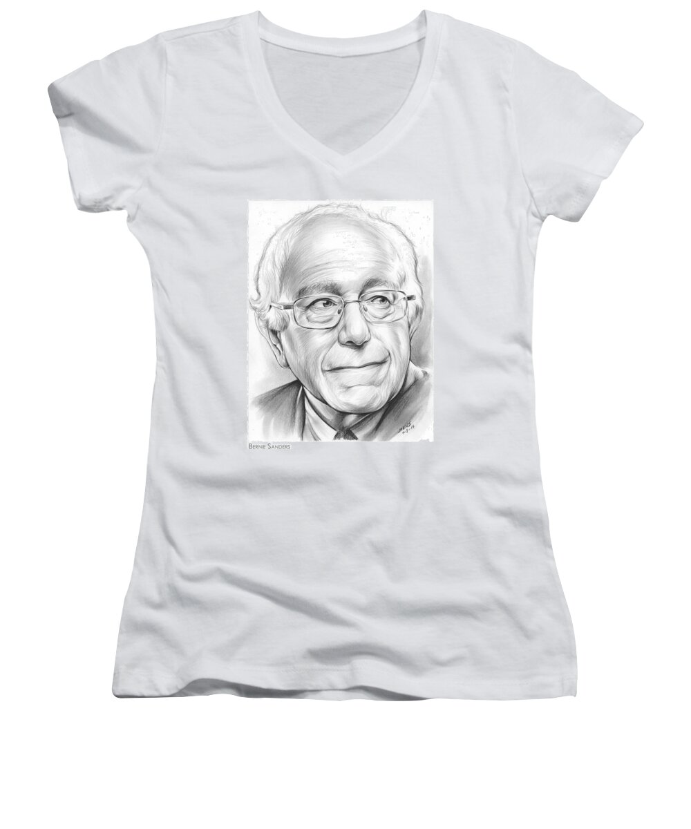 Bernie Sanders Women's V-Neck featuring the drawing Bernie Sanders by Greg Joens