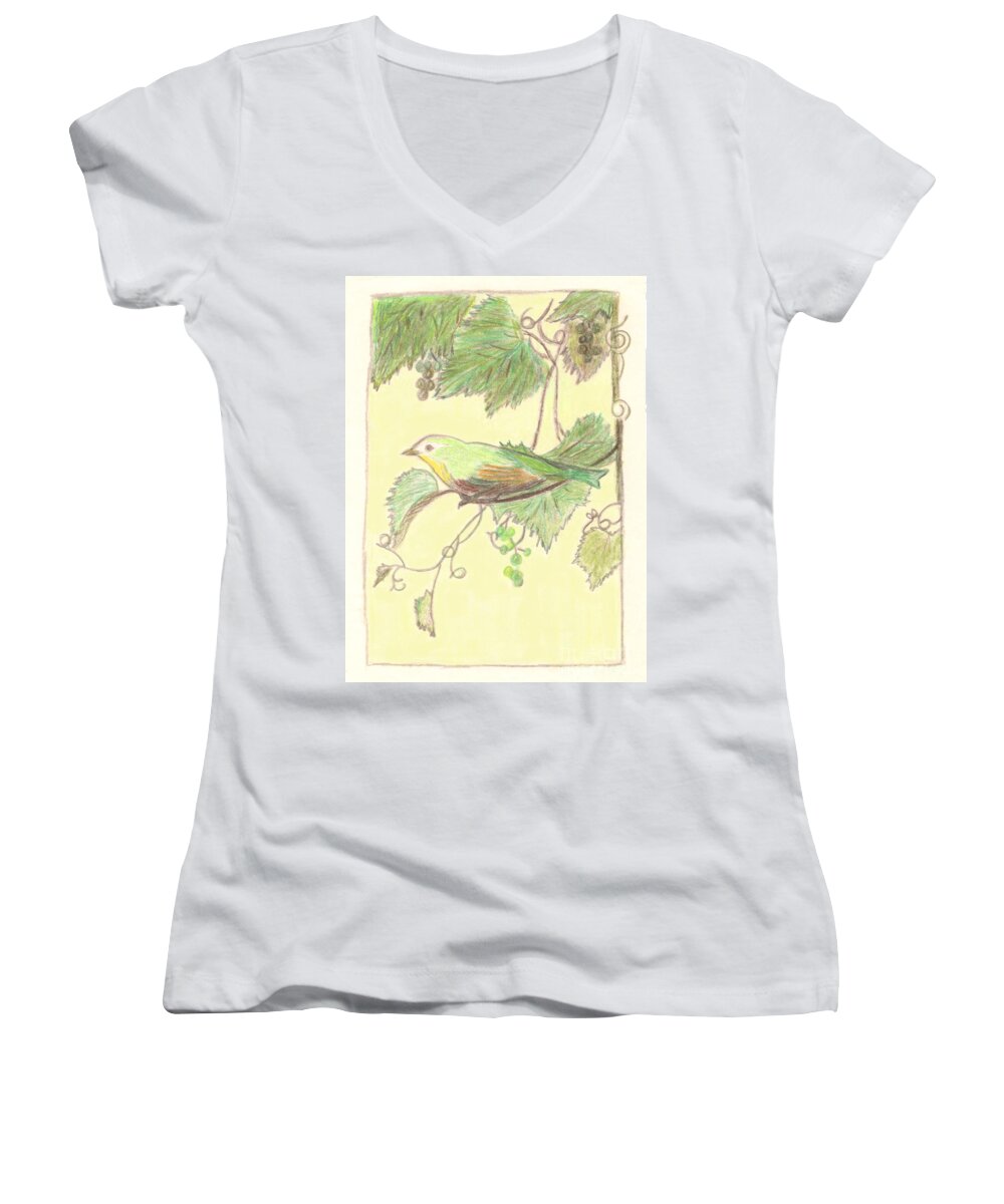 Bird On A Branch Women's V-Neck featuring the drawing Bird on a Branch by Donna L Munro