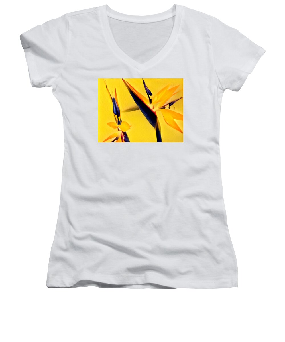 #flowersofaloha #birdsofparadise #gold #two Women's V-Neck featuring the photograph Birds of Paradise - Two in Gold by Joalene Young