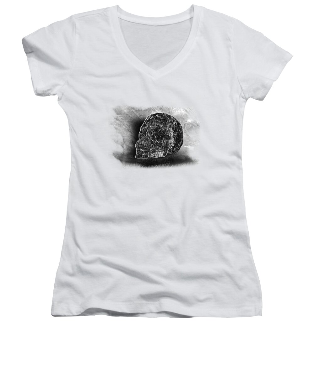 T-shirt Women's V-Neck featuring the photograph Black and White Skull on Transparent background by Terri Waters