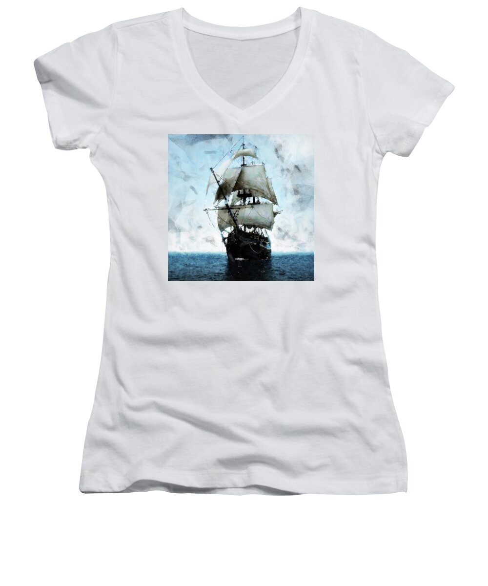 Sail The Ocean Women's V-Neck featuring the painting Black Sails - 09 by AM FineArtPrints