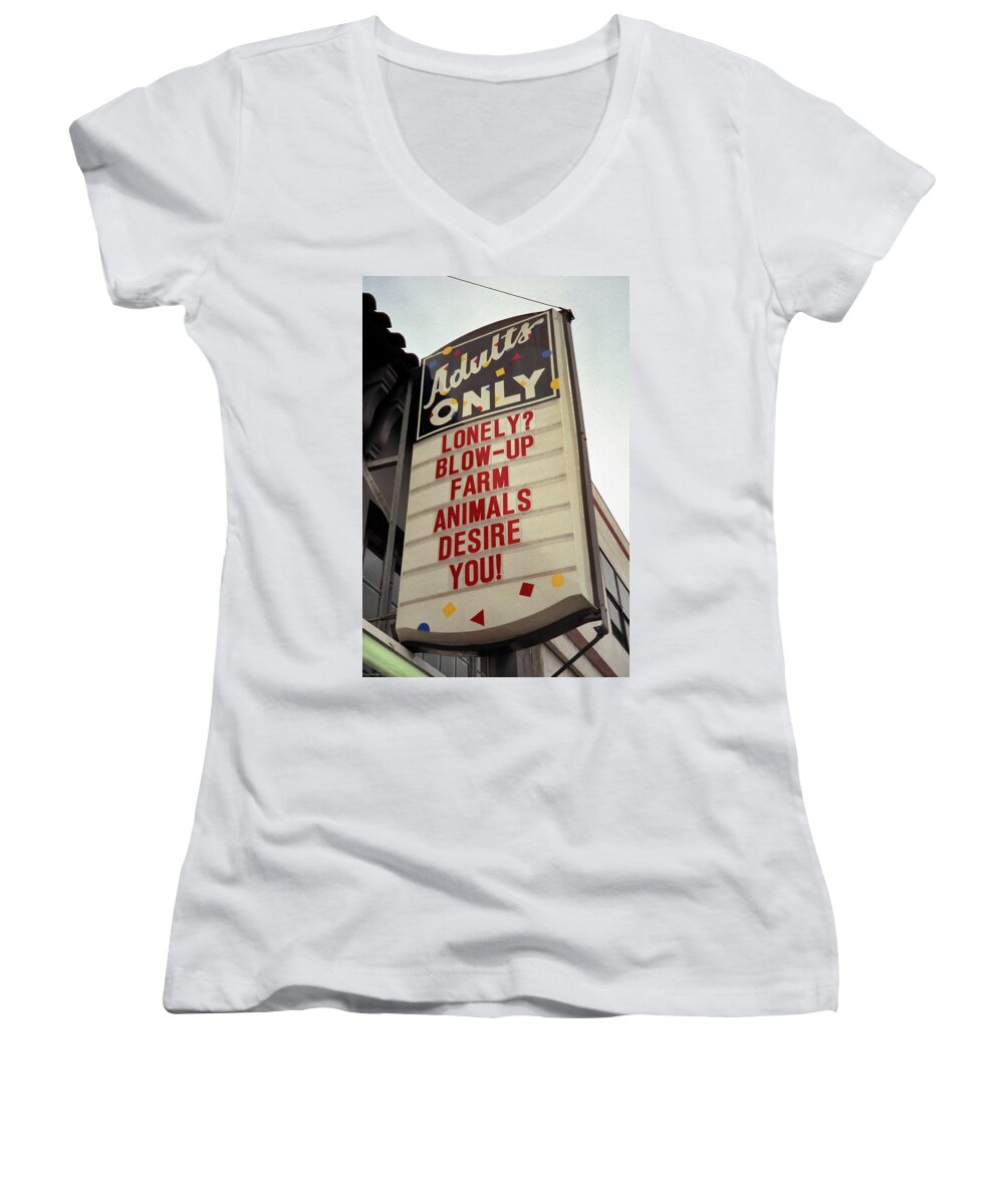 Color Women's V-Neck featuring the photograph Blowup Farm Animals Sign by Frank DiMarco