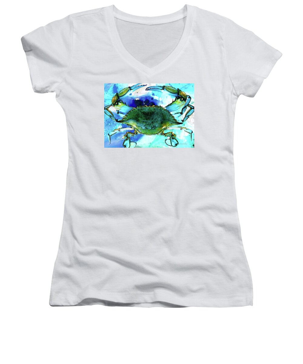Crab Women's V-Neck featuring the painting Blue Crab - Abstract Seafood Painting by Sharon Cummings