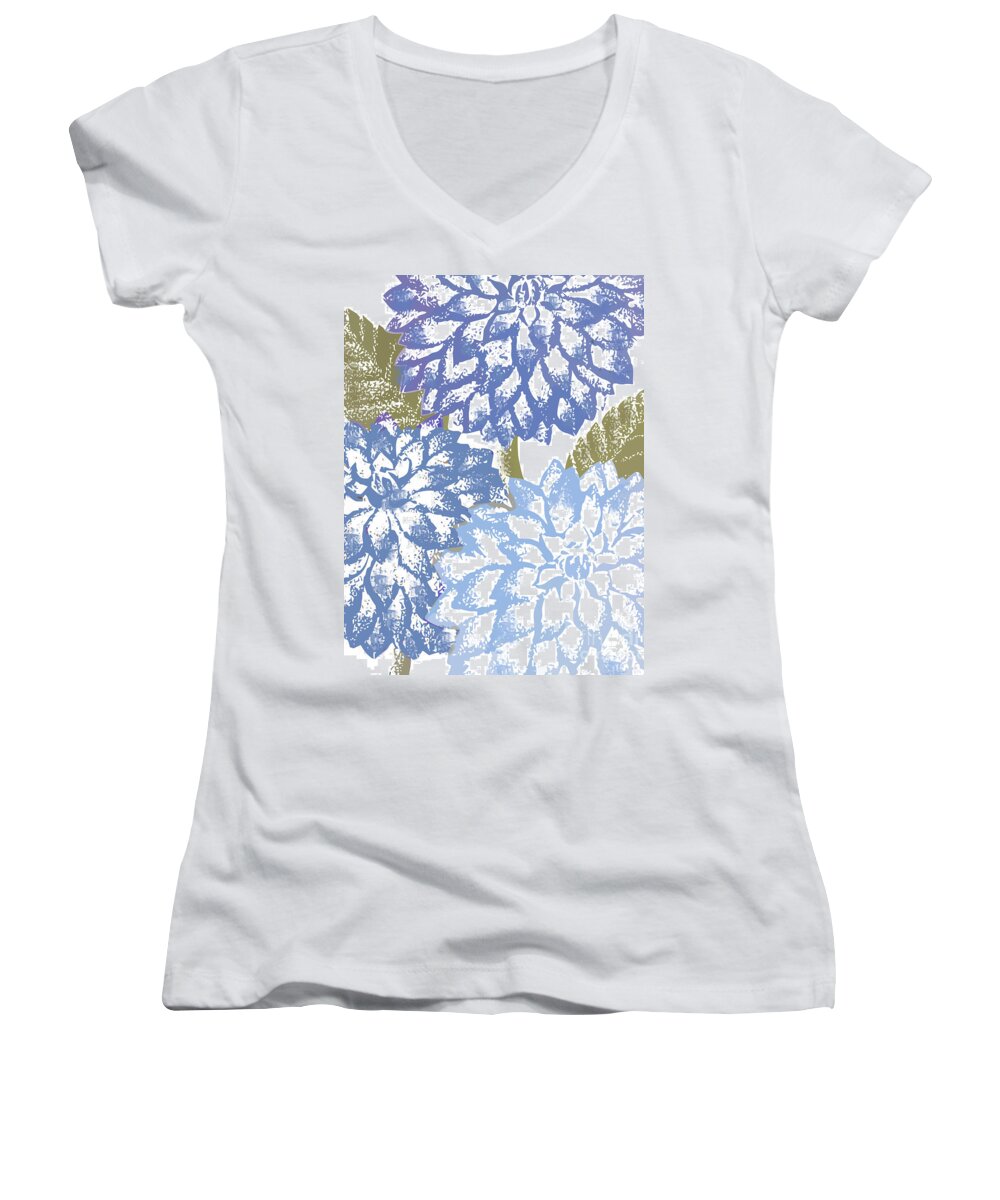 Blue Women's V-Neck featuring the painting Blue Dahlias by Mindy Sommers