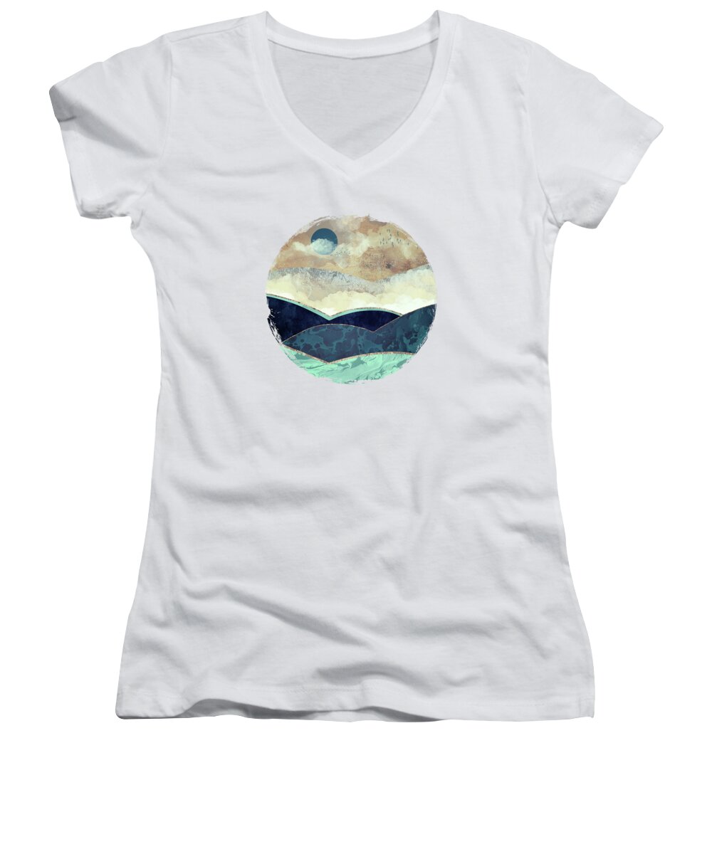 Blue Women's V-Neck featuring the digital art Blue Moon by Spacefrog Designs
