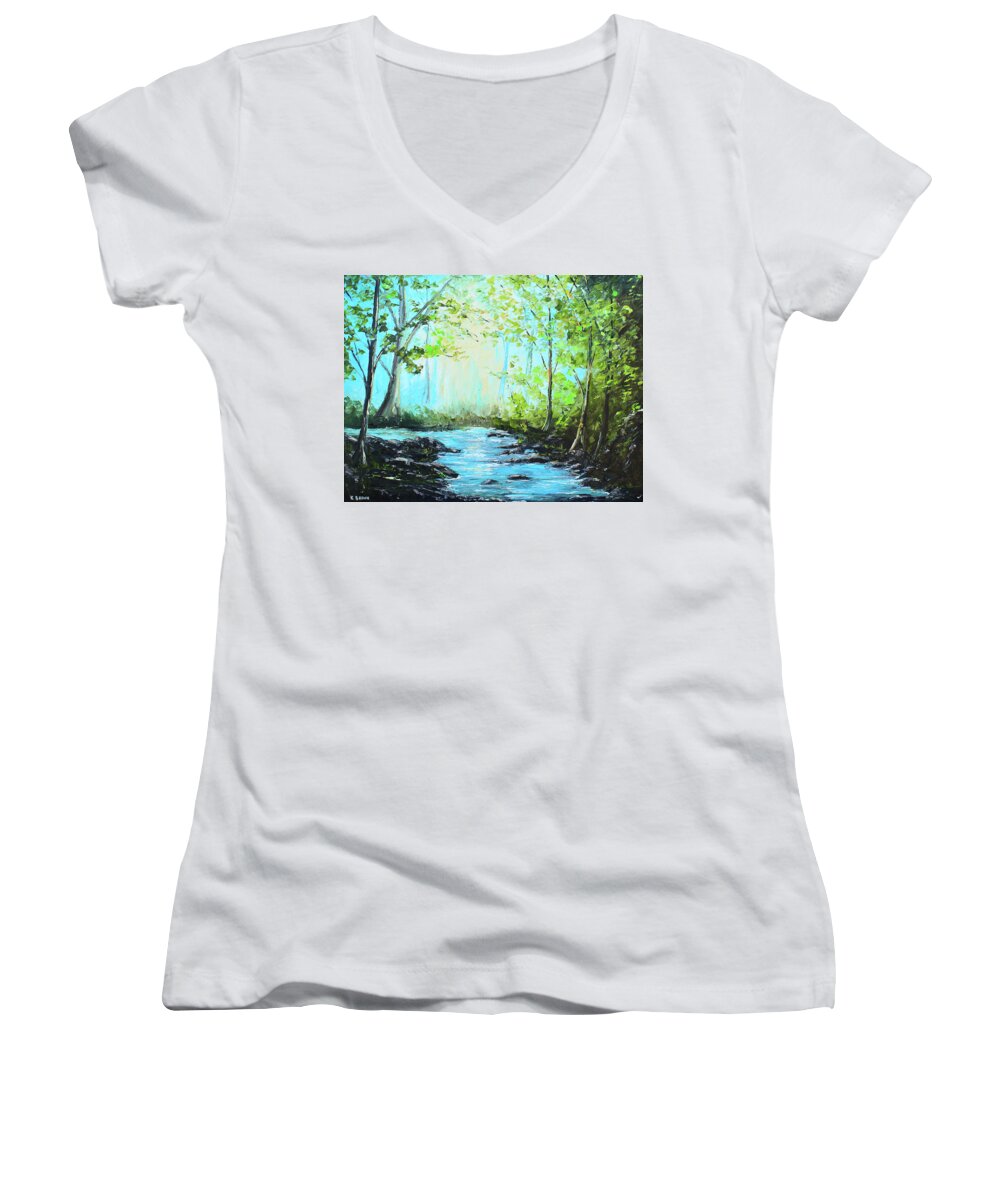  Landscape Paintings Women's V-Neck featuring the painting Blue Stream by Kevin Brown