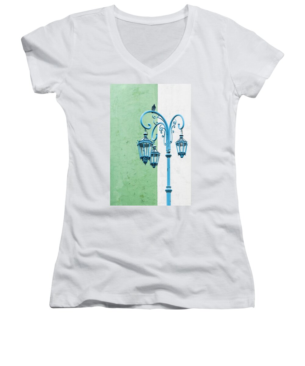Buenos Aires Women's V-Neck featuring the photograph Blue,green and white by Usha Peddamatham