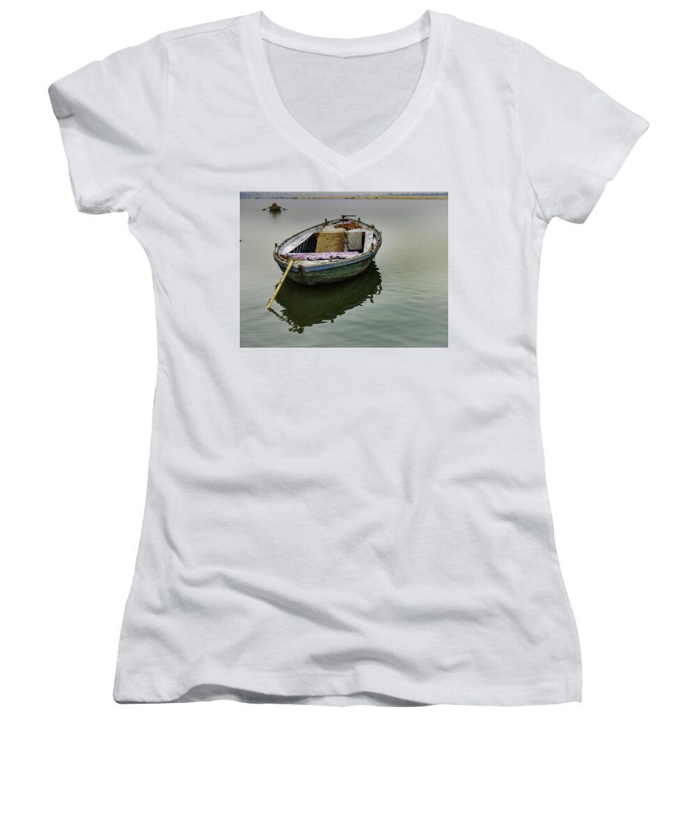  Women's V-Neck featuring the photograph boat at Ganges by Mache Del Campo