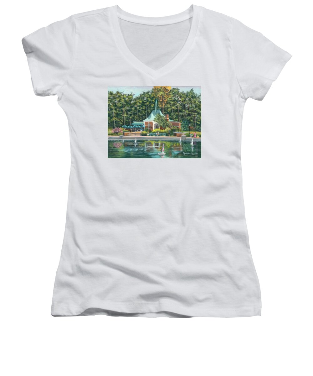 Boathouse Canopy Women's V-Neck featuring the painting BoatHouse In Central Park, N.Y. by Madeline Lovallo