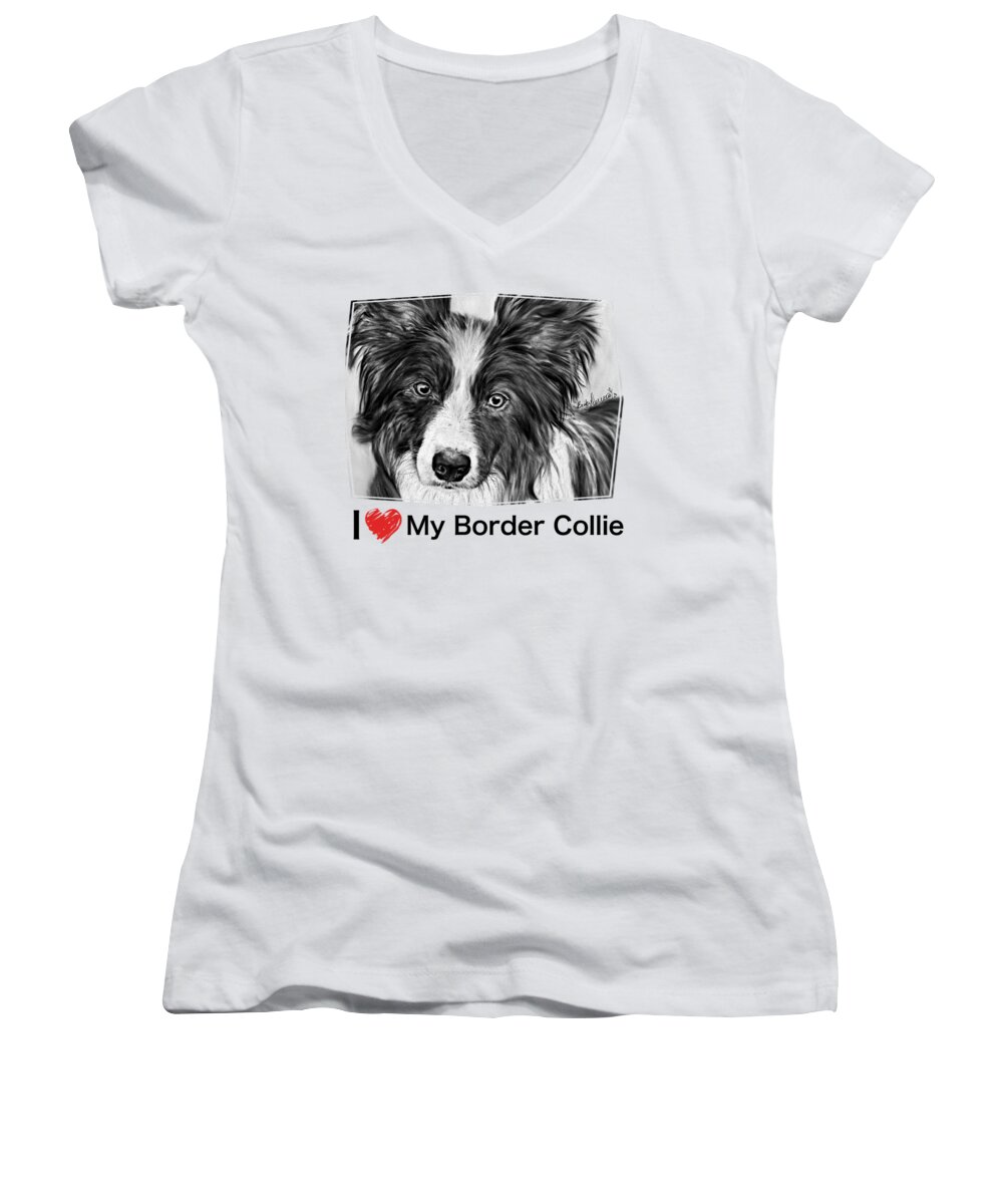 Dog Women's V-Neck featuring the drawing Border Collie Stare by Becky Herrera