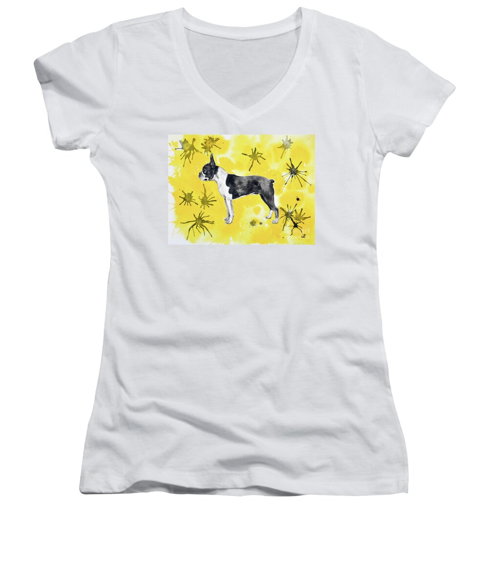 Boston Terrier Women's V-Neck featuring the painting Boston Terrier on Yellow by Zaira Dzhaubaeva