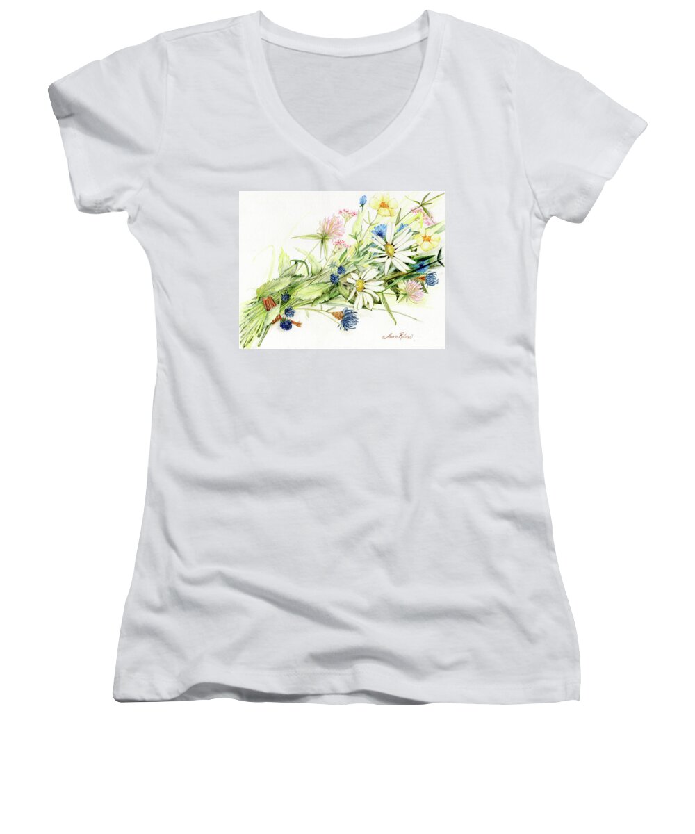 Bouquet Women's V-Neck featuring the drawing Bouquet of Wildflowers by Laurie Rohner