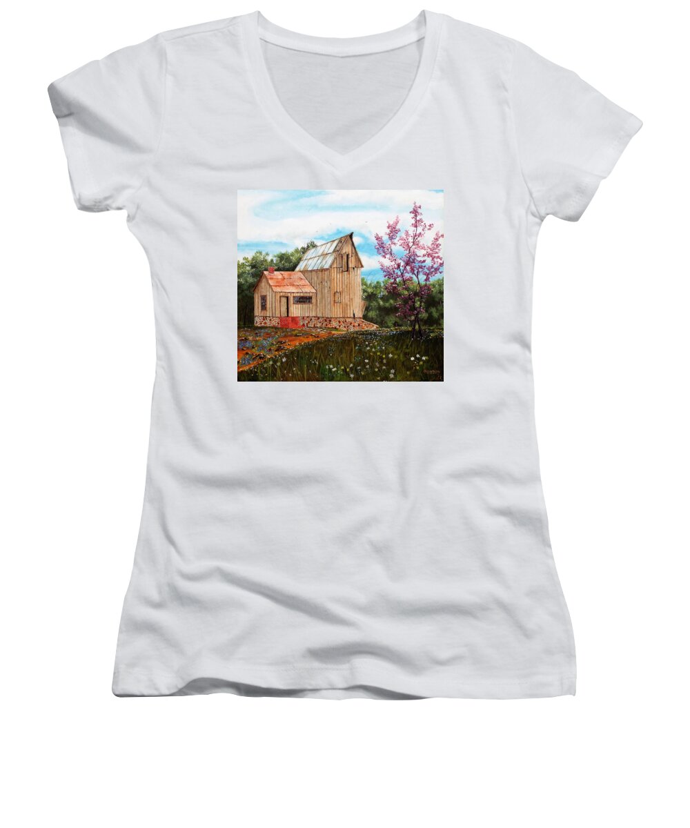 Tin Roof Prints Women's V-Neck featuring the painting Bradford's Barn by Michael Dillon