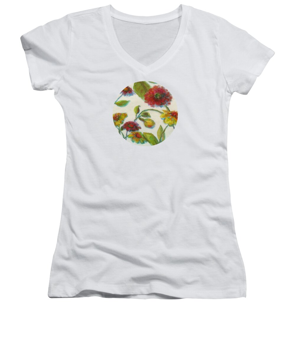 Bright Floral Women's V-Neck featuring the painting Bright Contemporary Floral by Mary Wolf