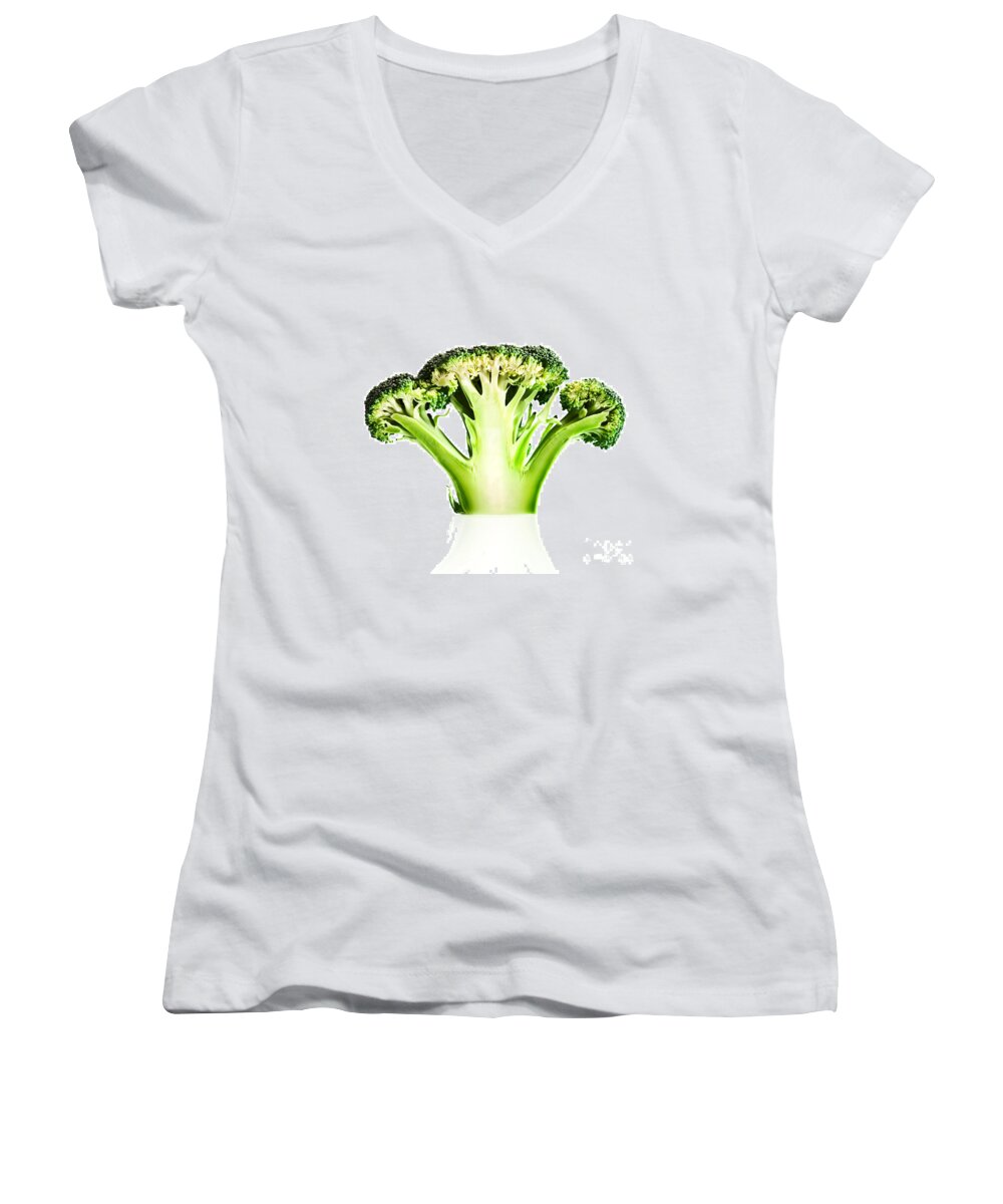 Broccoli Women's V-Neck featuring the photograph Broccoli cutaway on white by Johan Swanepoel
