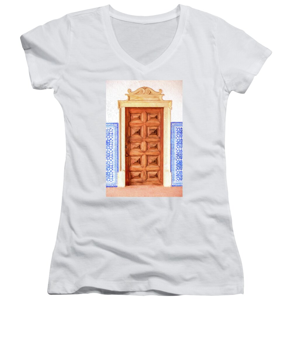 Door Women's V-Neck featuring the photograph Brown Wood Door of Old World Europe by David Letts